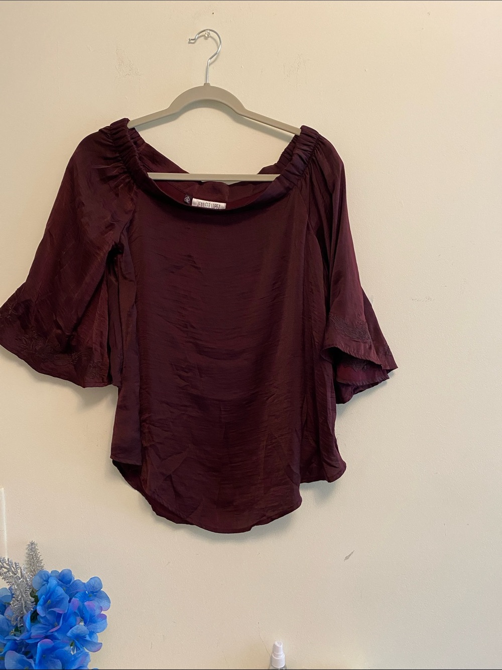 Jennifer Lopez Off-Shoulder Blouse in Burgundy